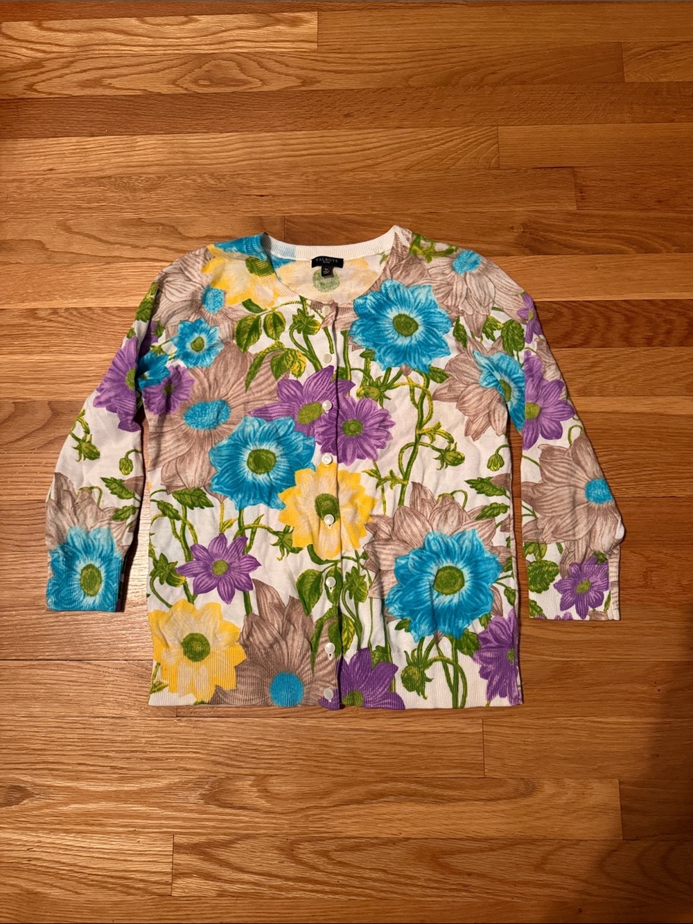 Talbots Cream Floral Cardigan with Blue, Purple & Yellow Blooms
